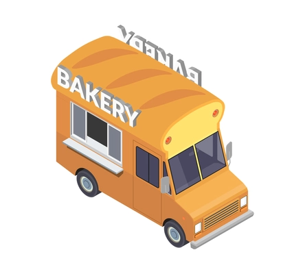 Food truck isometric composition with van based mobile fastfood selling point vector illustration