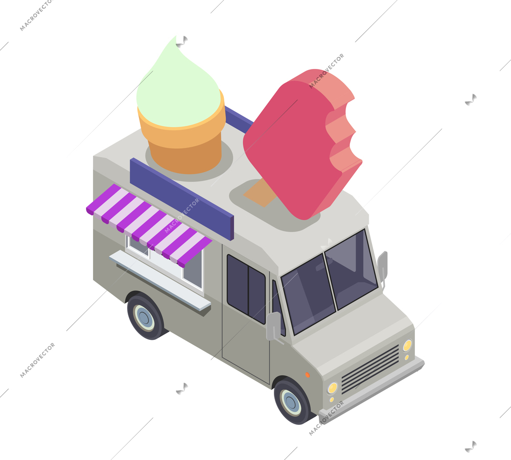 Food truck isometric composition with van based mobile fastfood selling point vector illustration