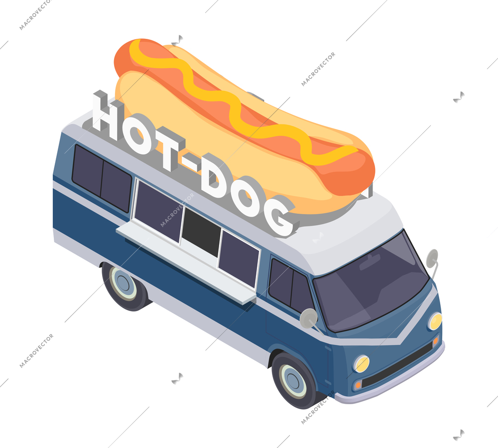 Food truck isometric composition with van based mobile fastfood selling point vector illustration