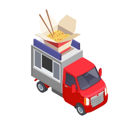 Food truck isometric composition with truck based mobile fastfood selling point vector illustration