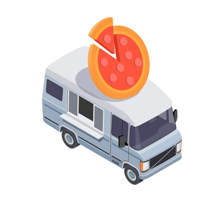 Food truck isometric composition with van based mobile fastfood selling point vector illustration