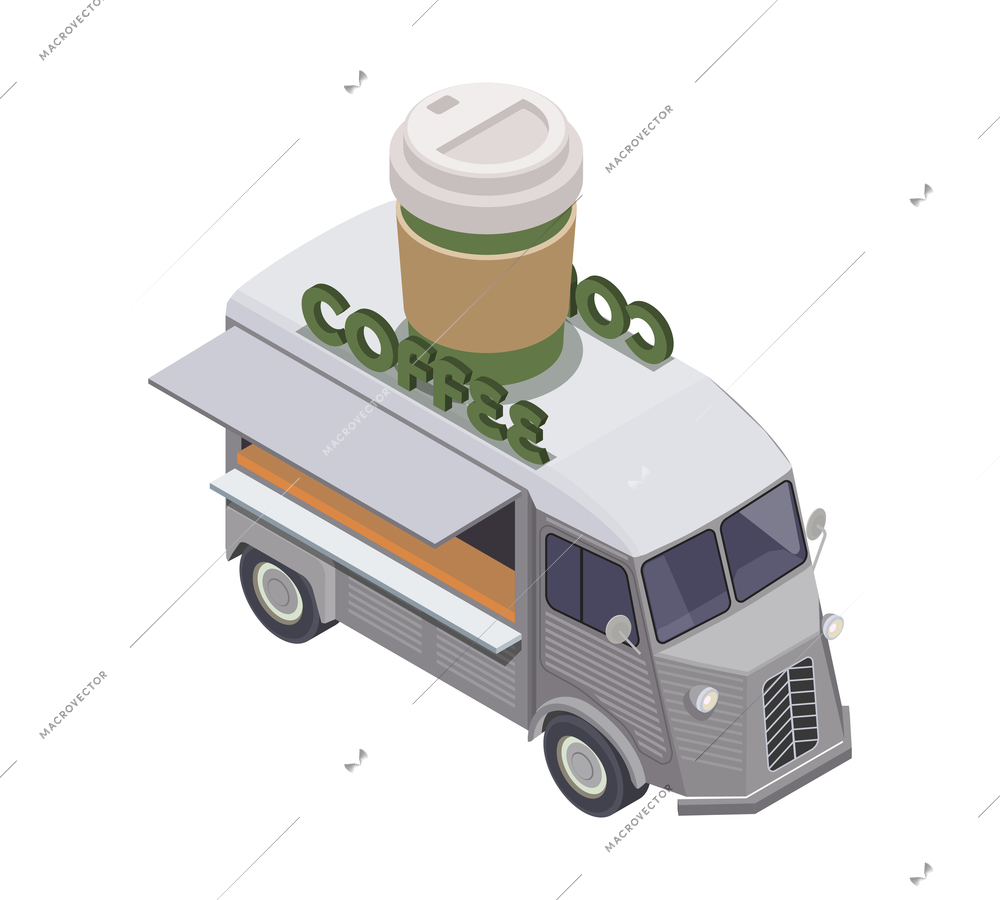 Food truck isometric composition with van based mobile fastfood selling point vector illustration