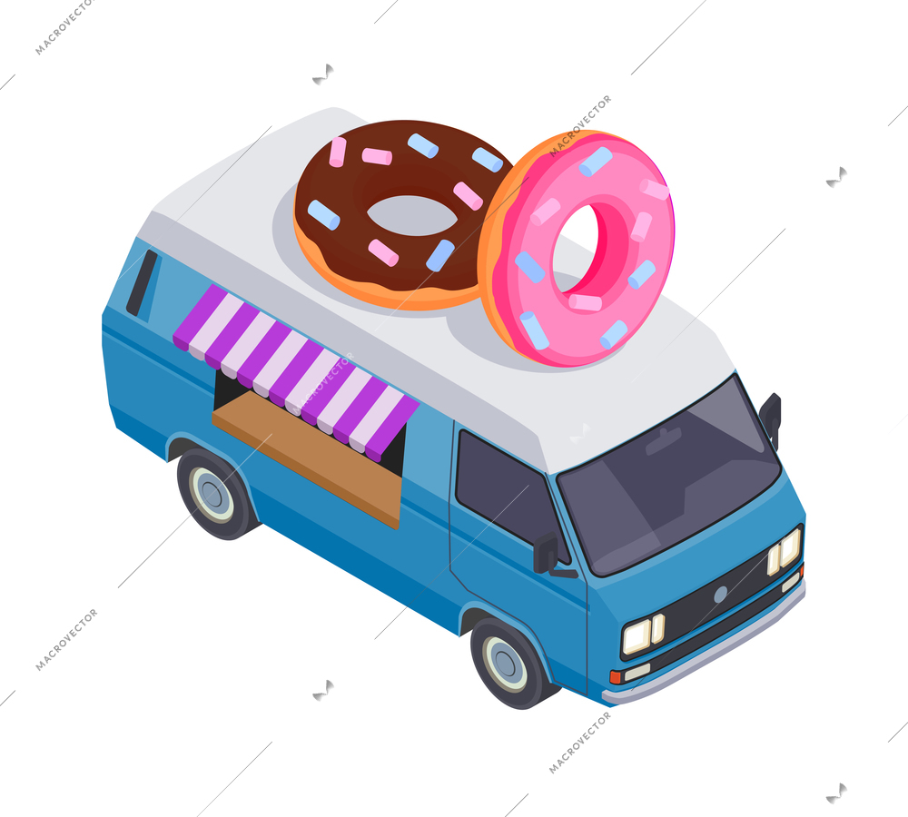 Food truck isometric composition with van based mobile fastfood selling point vector illustration