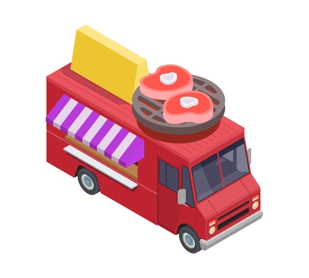 Food truck isometric composition with van based mobile fastfood selling point vector illustration