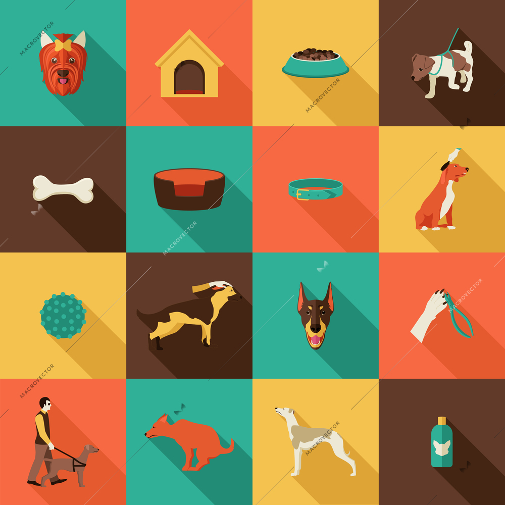 Dog icons flat set with grooming pet care collar house isolated vector illustration