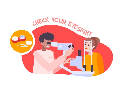 Ophthalmology vision flat composition with text and human characters of patient and doctor vector illustration