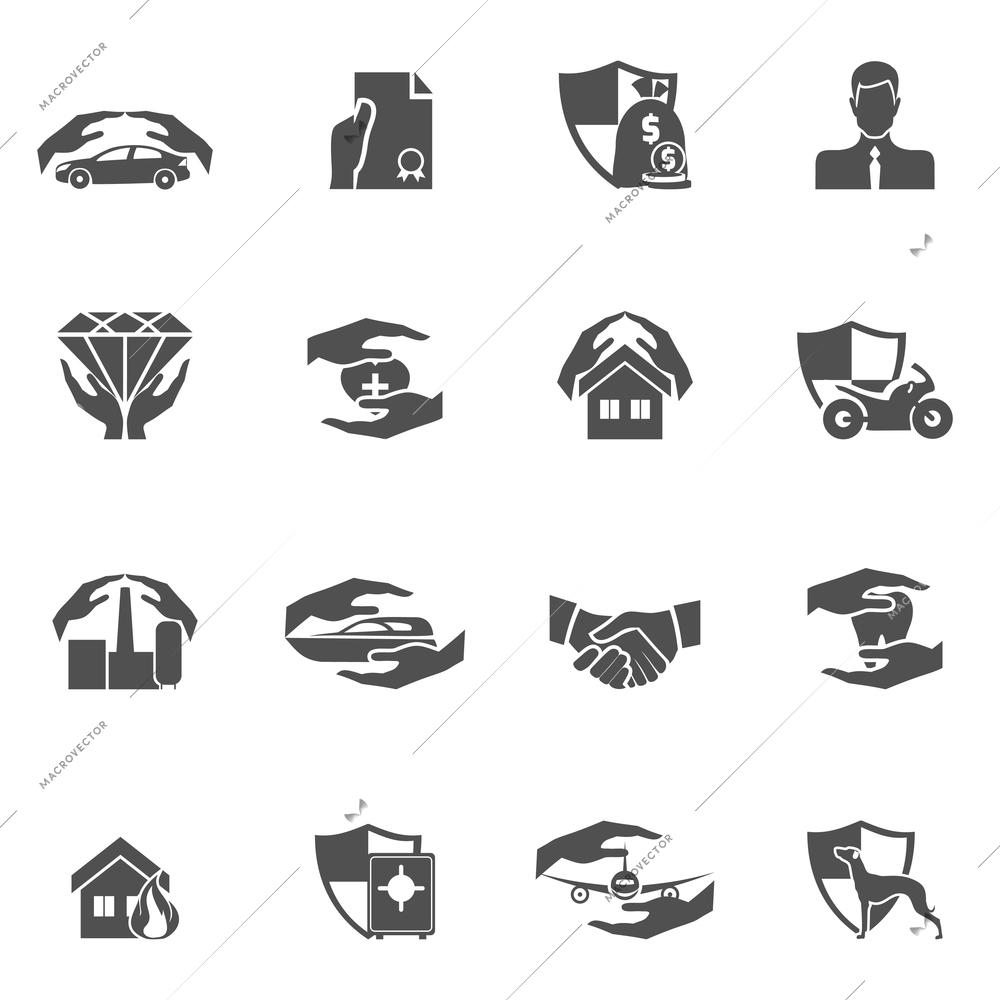 Insurance security icons black set of real estate property health car protection isolated vector illustration