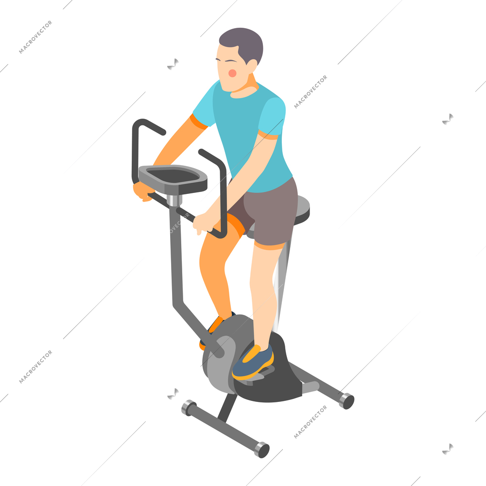 Cardio activity isometric composition with isolated human character of man riding exercycle vector illustration