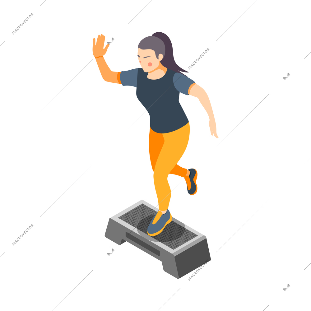 Cardio activity isometric composition with isolated human character of woman jumping on leg vector illustration