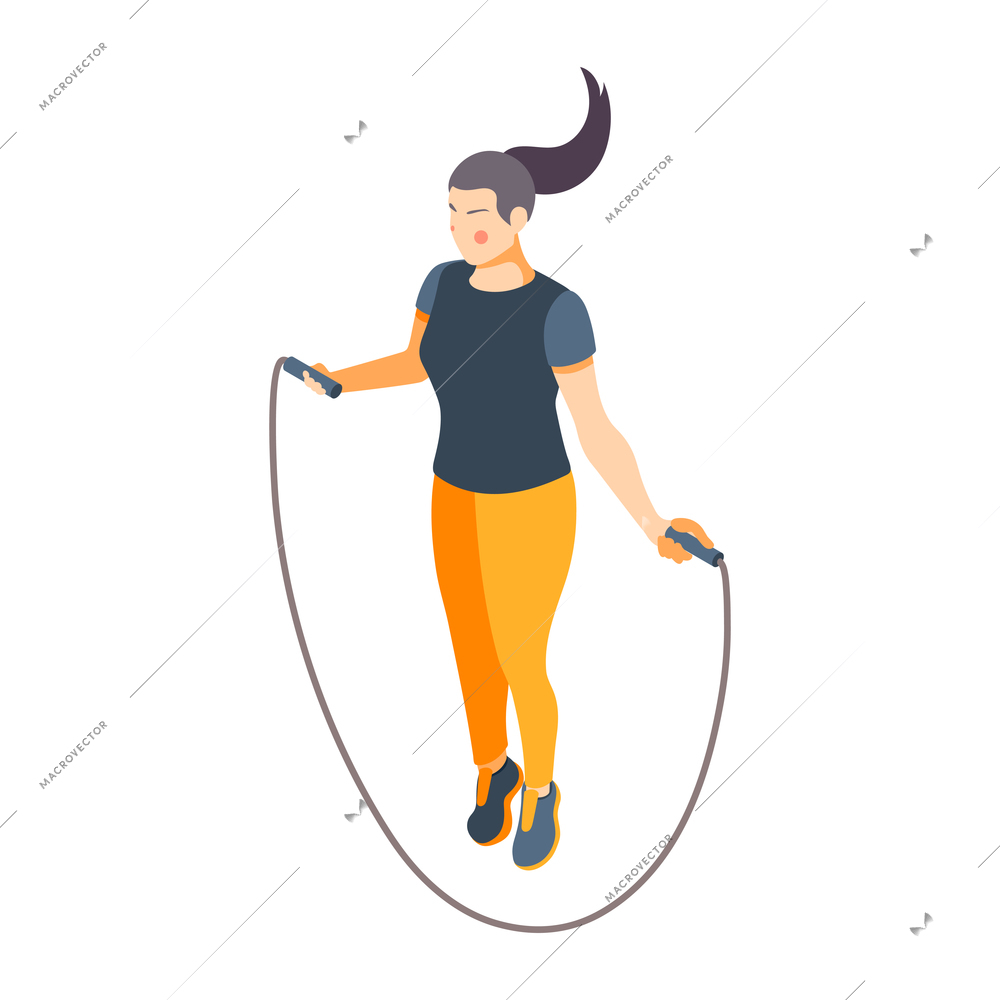 Cardio activity isometric composition with isolated human character of woman junping with skipping rope vector illustration