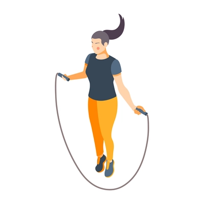 Cardio activity isometric composition with isolated human character of woman junping with skipping rope vector illustration