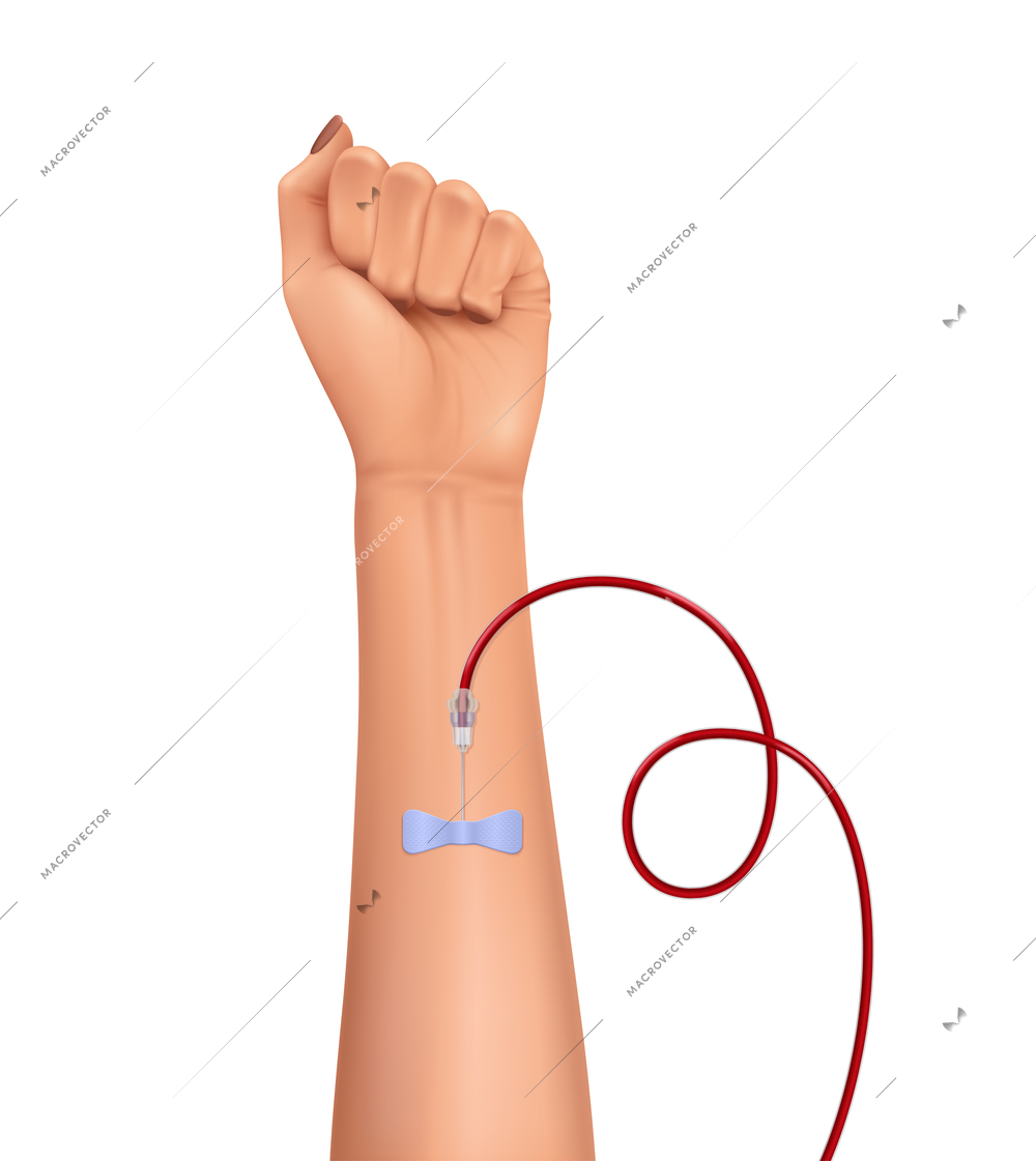 Realistic blood donor vacuum tube composition with human hand with inserted dripper isolated on white background vector illustration