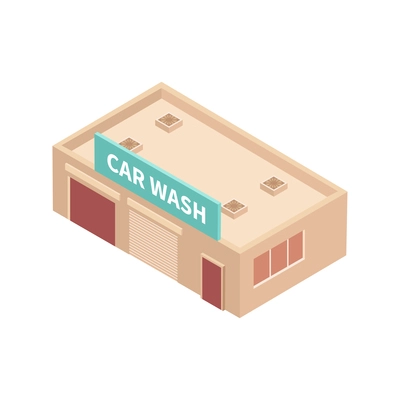 Car wash isometric composition with isolated image of car wash station building vector illustration