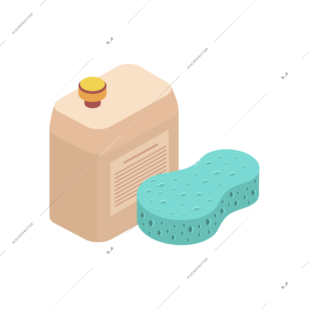 Car wash isometric composition with images of canister with detergent and sponge vector illustration