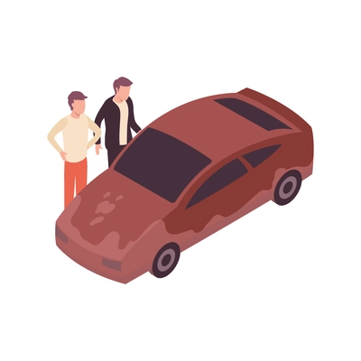 Car wash isometric composition with human characters standing next to dirty car vector illustration