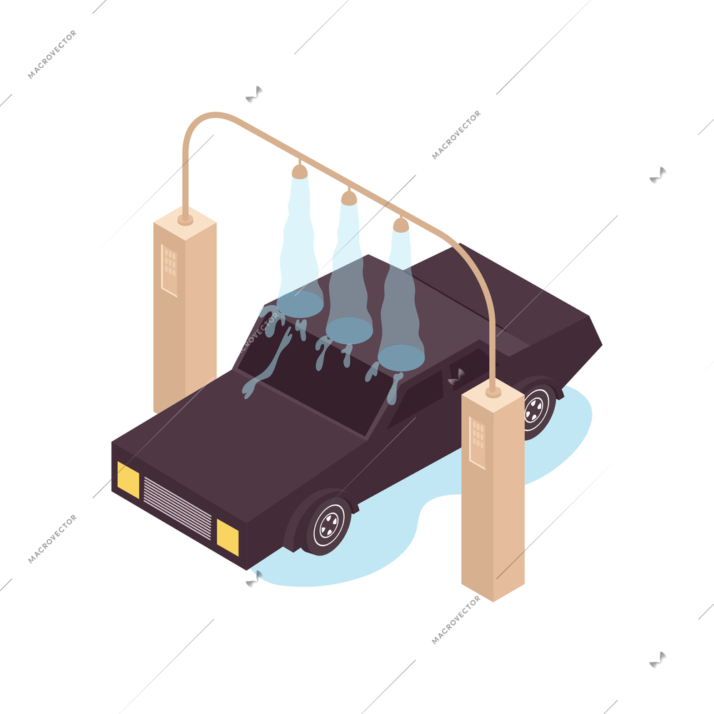 Car wash isometric composition with view of automated rig washing car with water vector illustration