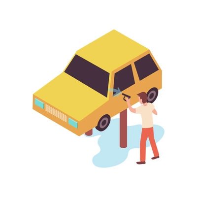 Car wash isometric composition with car owner manually washing his car on water station vector illustration