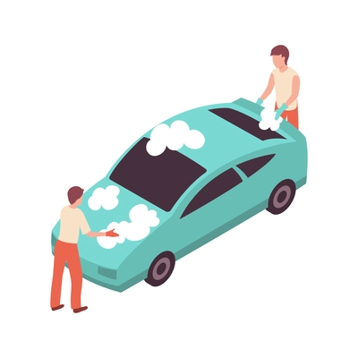 Car wash isometric composition with characters of washing station workers with clients car and foam vector illustration