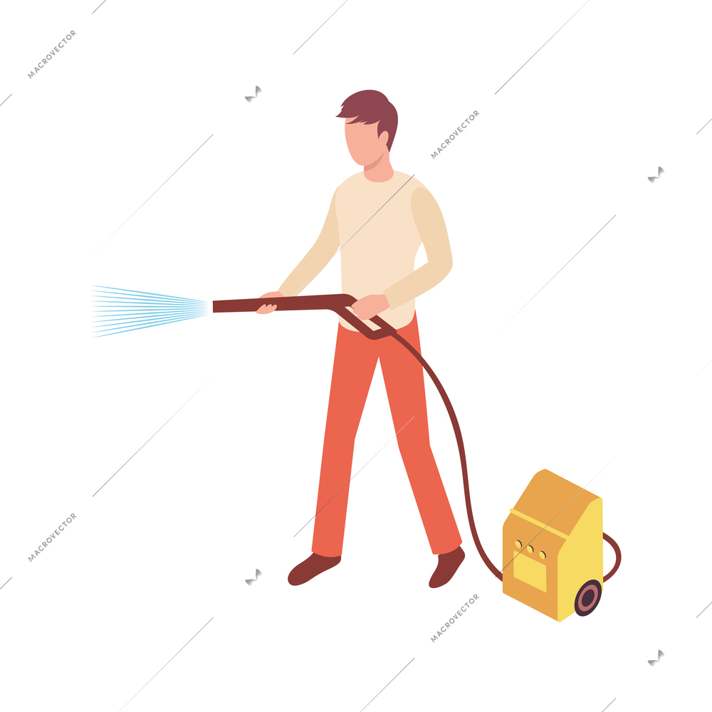 Car wash isometric composition with worker holding water pipe with spraying water vector illustration