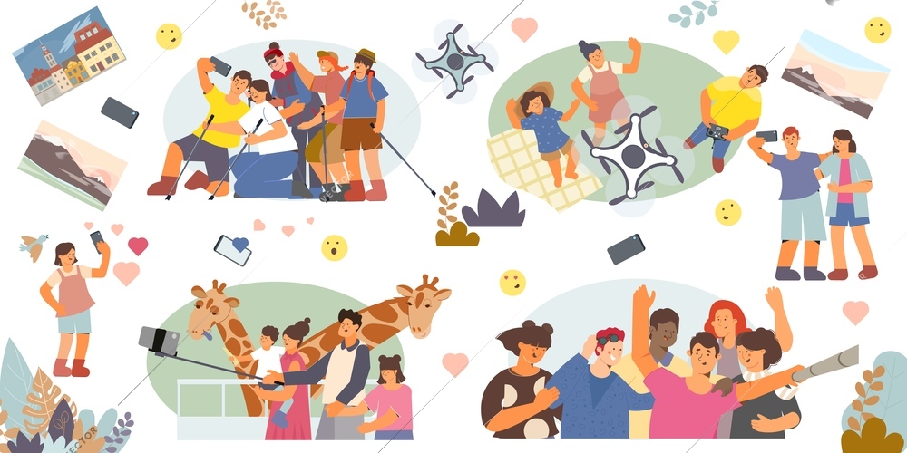 Set of people taking selfies in different locations flat vector illustration