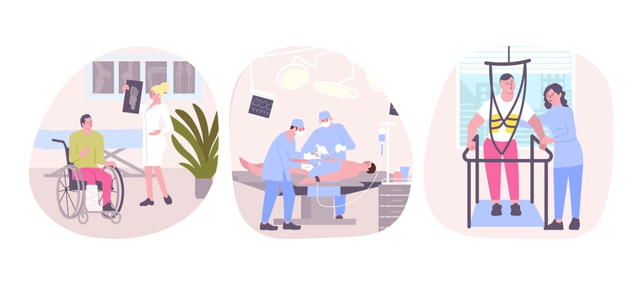 Set of three isolated hospital compositions with human characters of medical specialists performing clinical rehabilitation procedures vector illustration