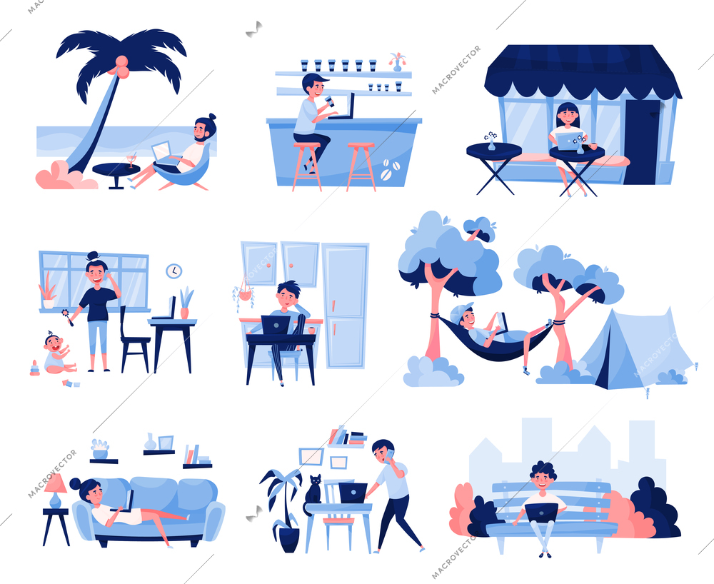 Freelance job blue cartoon set with freelancers working home with kids cats outdoor in hammock vector illustration
