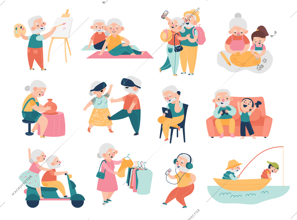 Elderly people spend their leisure time in modern conditions set flat vector illustration