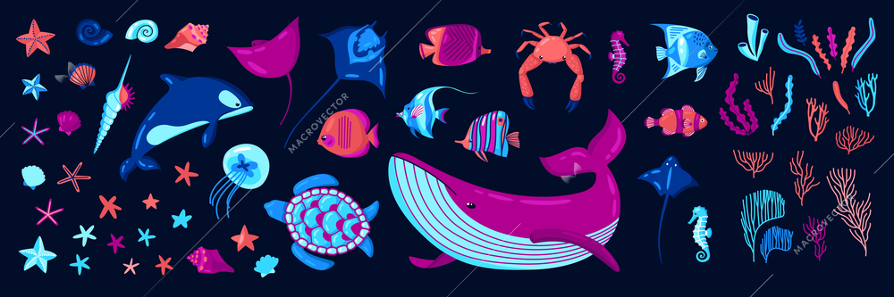 Marine life under water on a dark background world ocean day color set flat vector illustration
