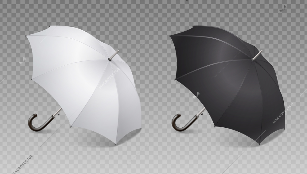Two realistic umbrella icon set black and white umbrella canes on transparent background vector illustration
