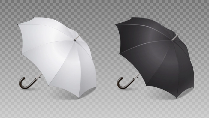 Two realistic umbrella icon set black and white umbrella canes on transparent background vector illustration