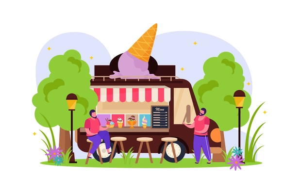 Flat composition with ice cream truck and two customers in summer vector illustration