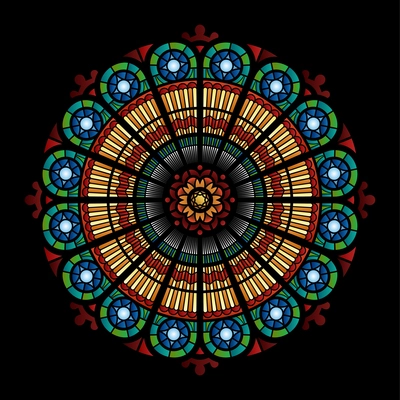 Circle multicolored stained glass mosaic window of the cathedral flat vector illustration