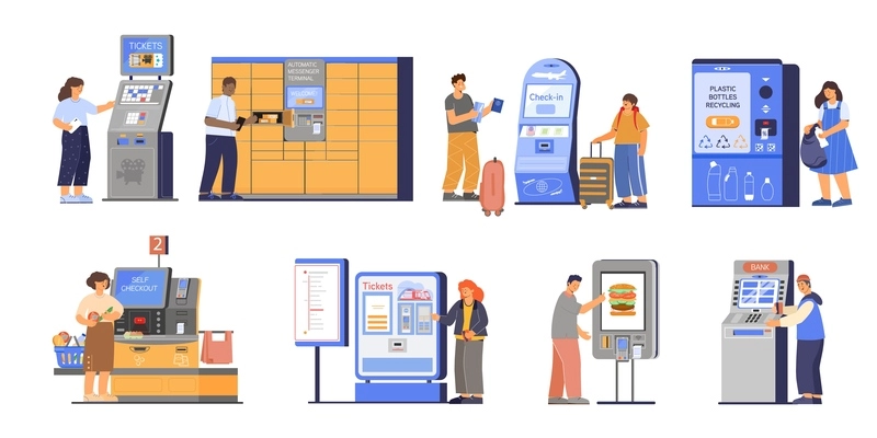 Ease of use of self service checkouts set flat isolated vector illustration