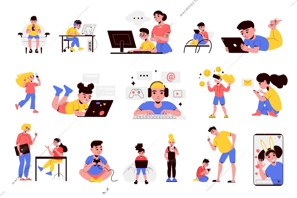 Flat gadget addiction icons set with children using smartphone tablet laptop computer headphones games console vr glasses isolated vector illustration