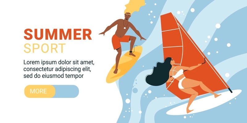 Summer water activities horizontal banner with girl and guy riding on sup board and windsurfing vector illustration