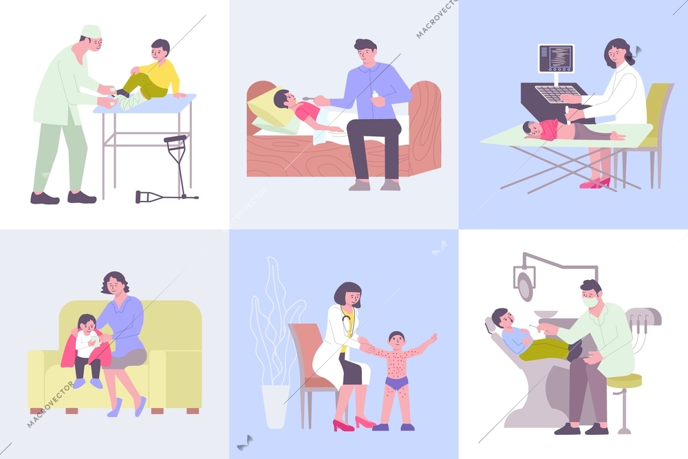 Flat compositions set with ill children at home and being examined by doctors at hospital isolated vector illustration