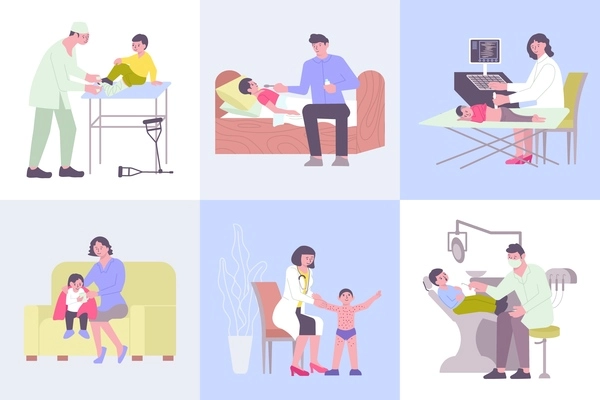 Flat compositions set with ill children at home and being examined by doctors at hospital isolated vector illustration