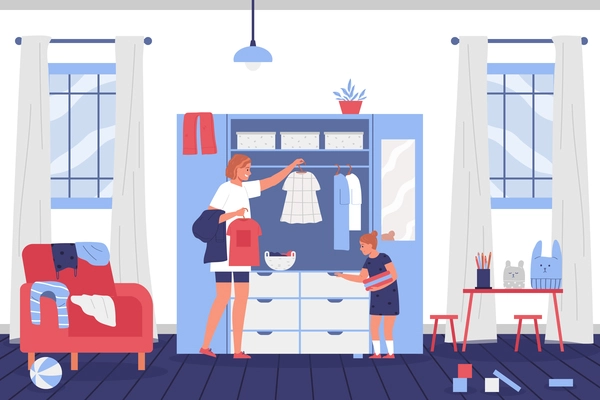 Mom and daughter are cleaning up the cluttered cupboard flat vector illustration