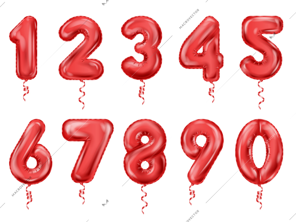 Balloon numbers red realistic icon set glittery red numbers with ribbons for party vector illustration