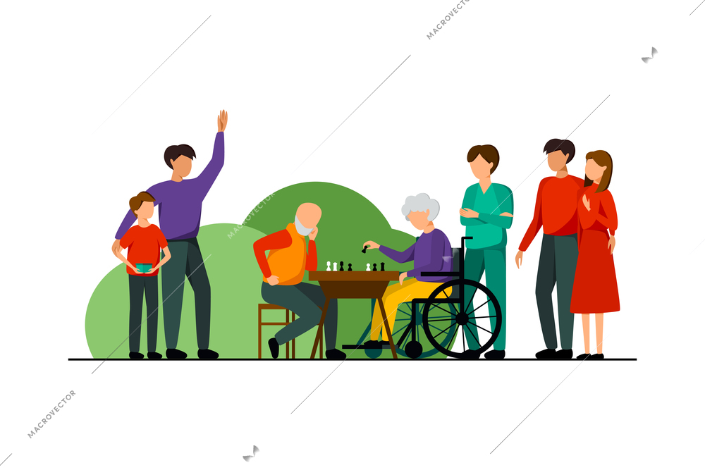 Nursing home characters flat composition families visit their relatives who play chess vector illustration