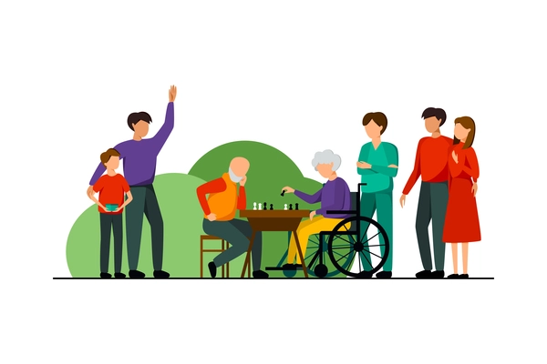 Nursing home characters flat composition families visit their relatives who play chess vector illustration