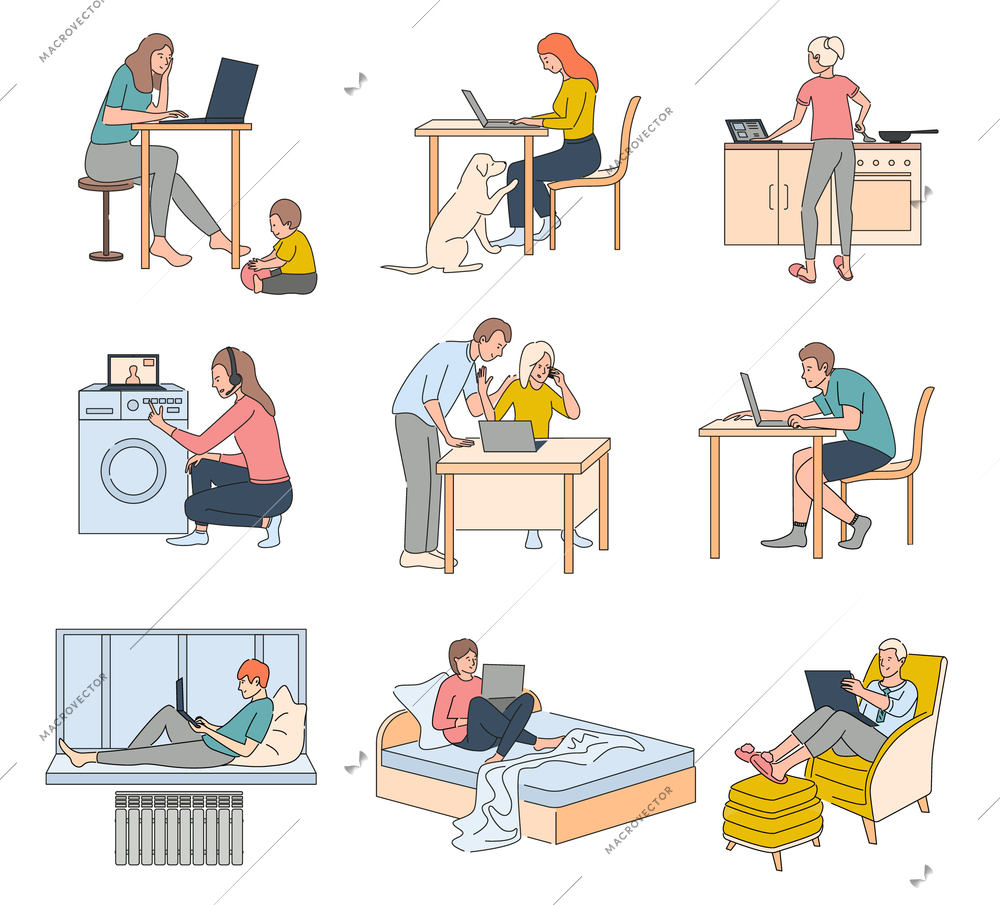 Work at home problems flat set of people distracted from remote job by family members kids pets and routine isolated vector illustration