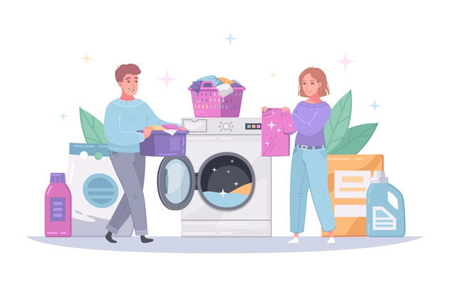 Apartment building on site laundry room cartoon composition with tenants using washing machine detergent bottles vector illustration