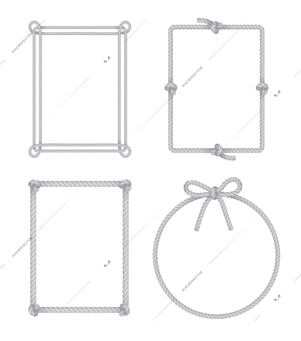 White monochrome rectangular and round rope frames realistic set with simple slip and bow knots vector illustration