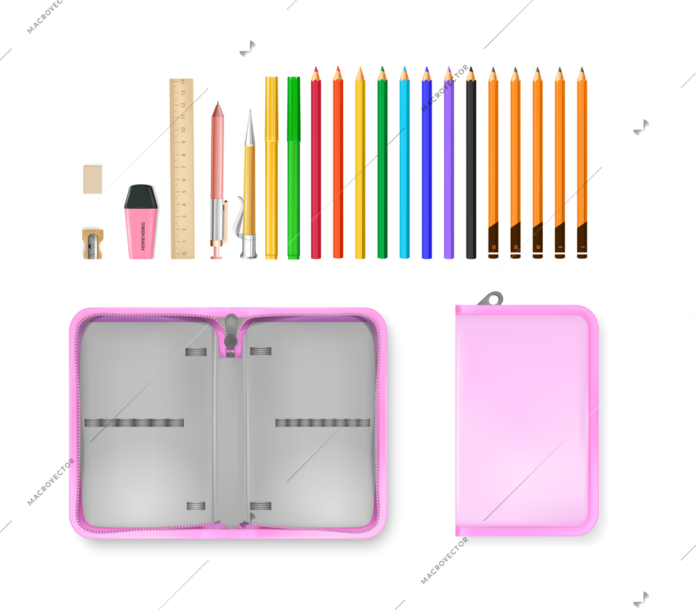 Realistic school accessories open and closed empty pencil case isolated against white background vector illustration