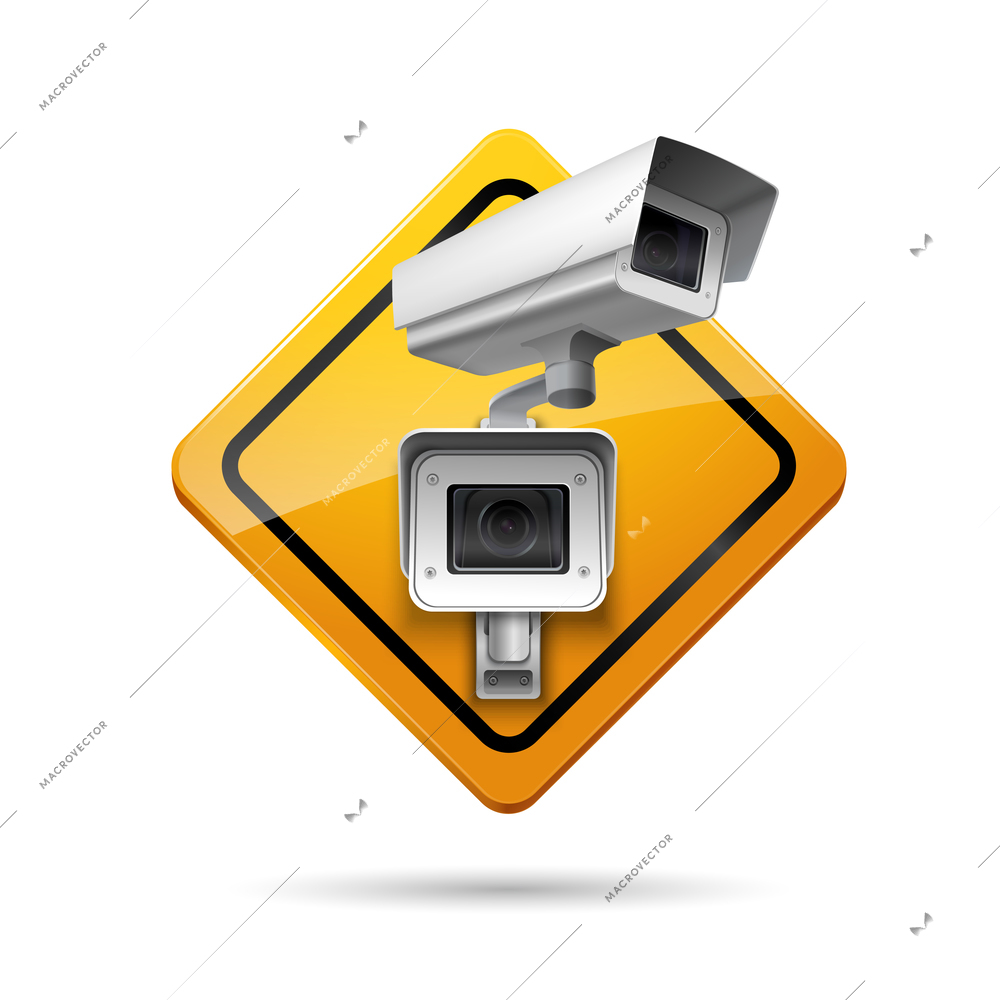 Video surveillance yellow sign with security camera  digital control vector illustration