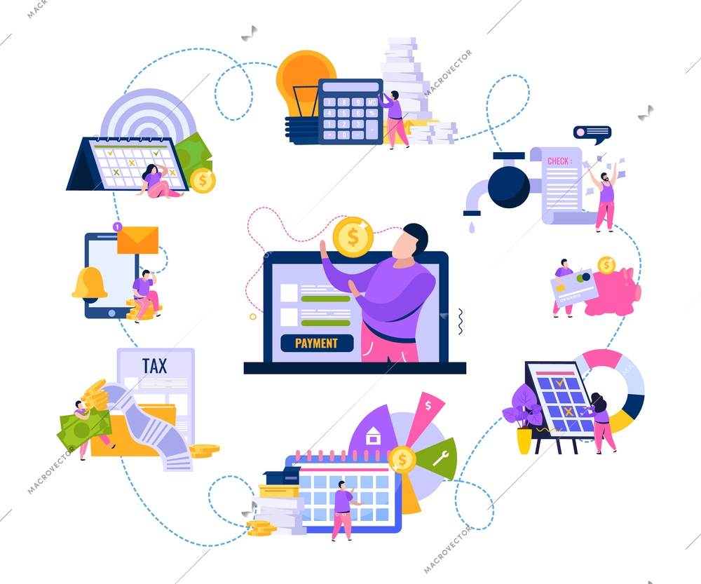 Monthly payments flat composition with laptop man holding coin surrounded by images of taxes and calendars vector illustration