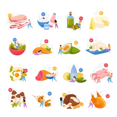 Ketogenic diet flat icons with small characters of people and pieces of healthy food with badges vector illustration