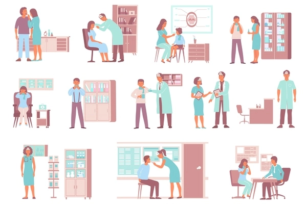 Otolaryngologist ent throat problem set of compositions with hospital furniture and doctor characters examining patients throat vector illustration