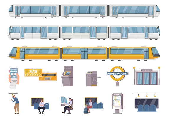 Public underground transport flat set of trains passengers turnstiles subway map and payment cards isolated vector illustration